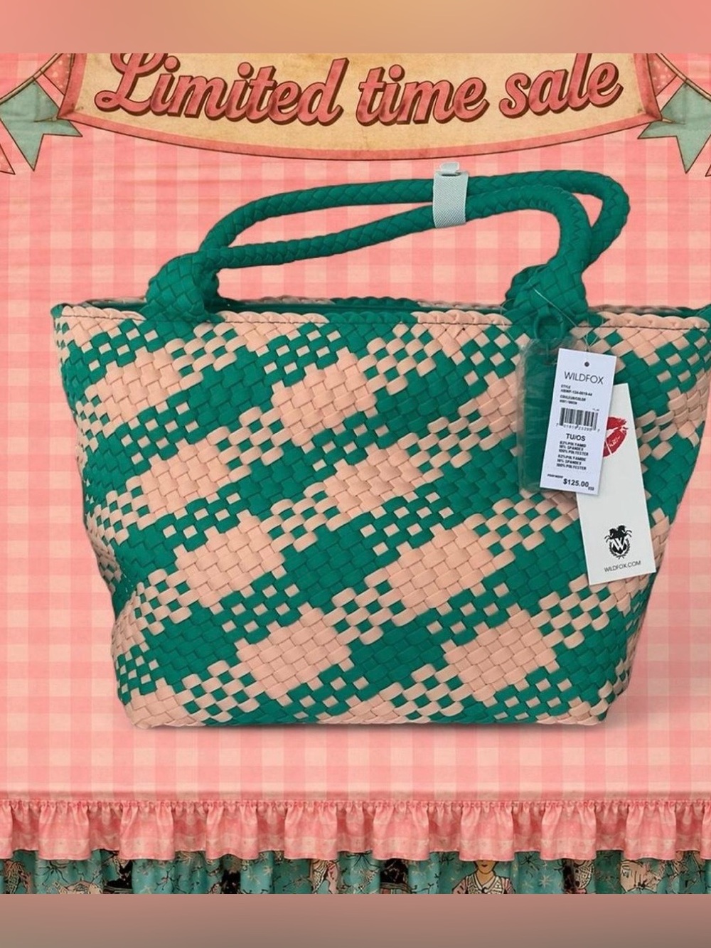 Wildfox Large Emerald Green Peach Neoprene Woven Double Handle Tote Bag NWT